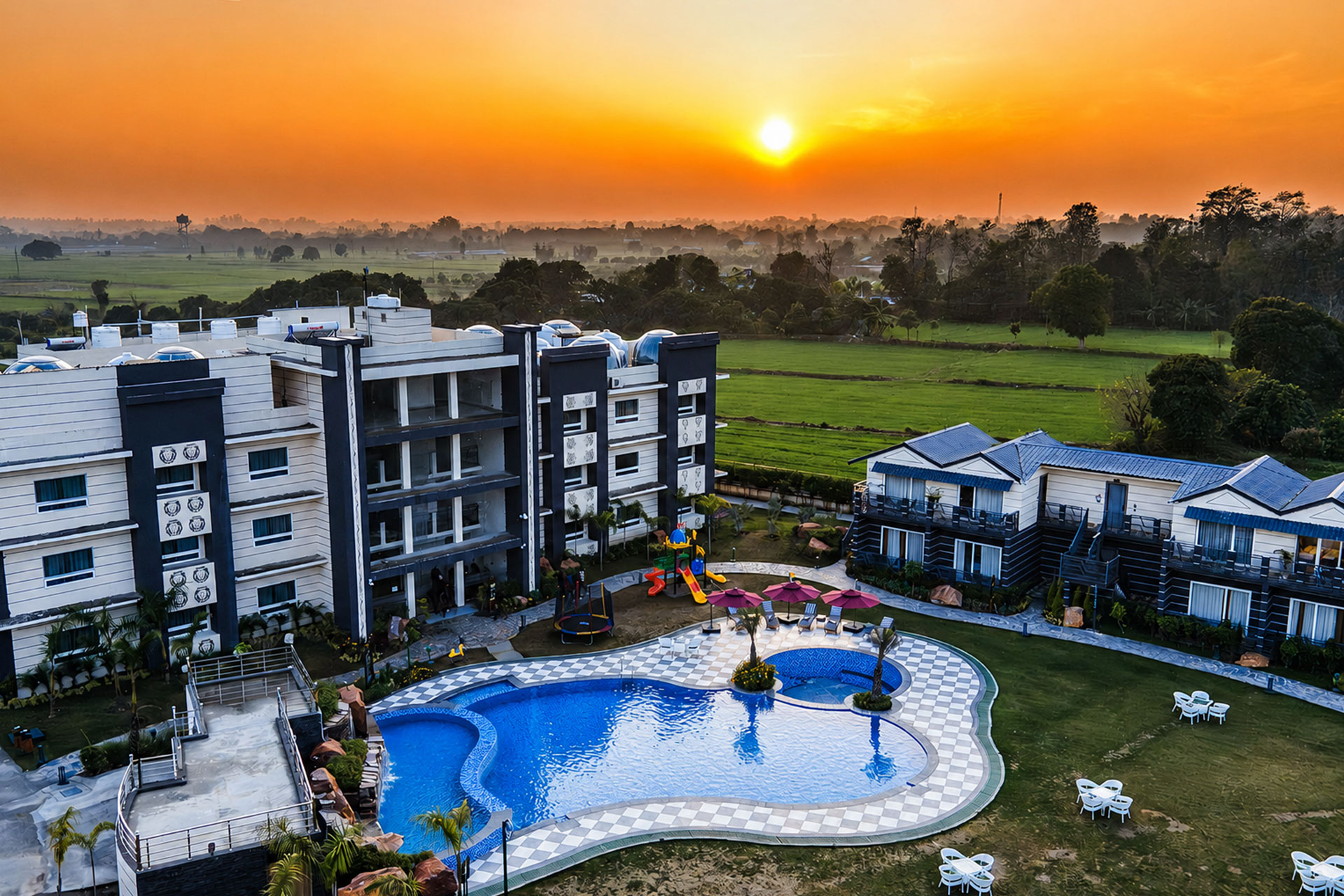 Leafylush Resort and swimming pool at golden hour